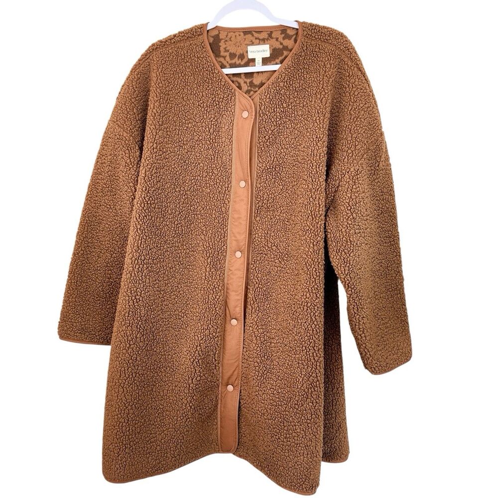 Vera Bradley Teddy Sherpa Fleece Longline Snap Jacket Brown Sz 2XL Pocket Comfy